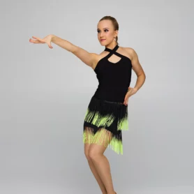 Чорна тренувальна сукня для латинських танців з бахромою салатового кольору Freestyle Dance
