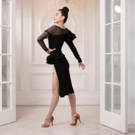 Чорна сукня для бальних танців латина АБ-21 вигляд ззаду з асиметричною спідницею Freestyle Dance