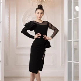 Чорна сукня для бальних танців латина АБ-21 з довгим рукавом і воланом Freestyle Dance